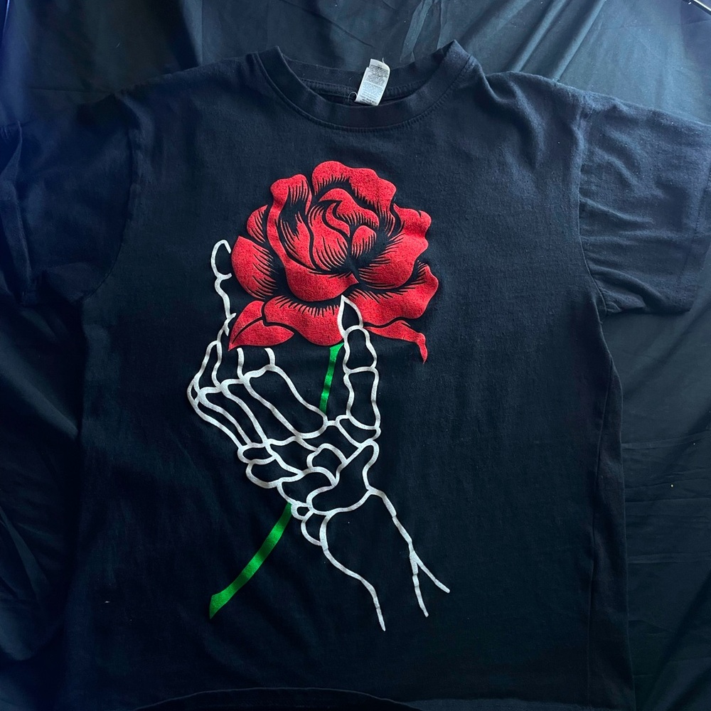 Black T-Shirt with Red Rose and Skeleton Hand Design